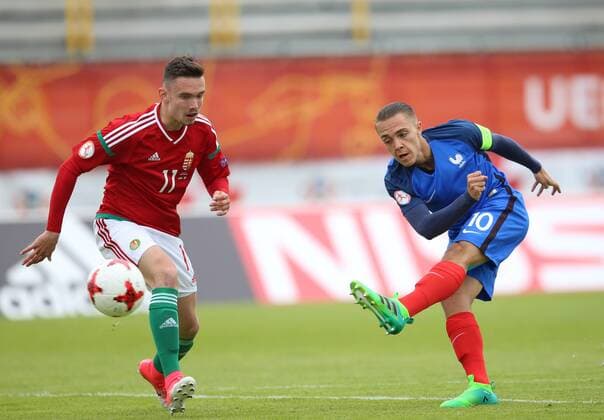 Football Championship U17 U 17 HUN-FRA - Zagreb, Croatia 03.05.2017., Velika Gorica, Croatia - European Football Championship U17, Group B, Hungary - France. Mark Bencze, Maxence Caqueret.  IgorxSoban PIXSELL