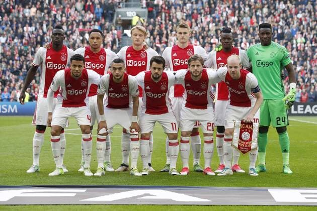 (Top Row L-R) Davinson Sanchez of Ajax, Kenny Tete of Ajax, Kasper Dolberg of Ajax, Matthijs de Ligt of Ajax, Bertrand Traore of Ajax, goalkeeper Andre Onana of Ajax (Front row L-R) Jairo Riedewald of Ajax, Hakim Ziyech of Ajax, Amin Younes of Ajax, Lasse Schone of Ajax, Davy Klaassen of Ajaxduring the UEFA Europa League semi final match between Ajax Amsterdam and Olympique Lyonnais at the Amsterdam Arena on May 03, 2017 in Amsterdam, The Netherlands Ajax v Olympique Lyon UEFA Europa League 2016 2017 xVIxxIVx 7717526