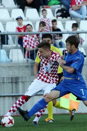 European Football Championship U17 U 17 Group A, Round 1, Croatia - Italy 03.05.2017., HNK Rijeka Stadium, Rijeka, Croatia - European Football Championship U17, Group A, Round 1, Croatia - Italy. Filip Hlevnjak,Elia Visconti.  GoranxKovacic PIXSELL