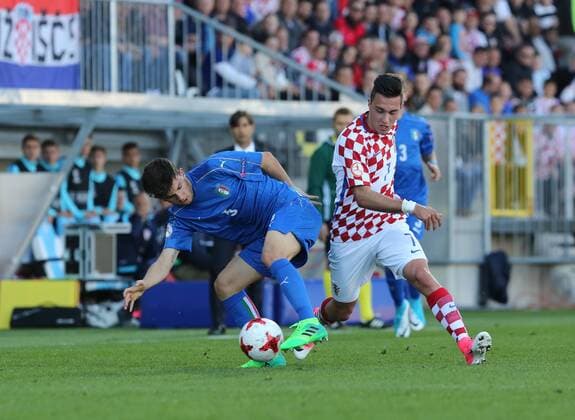 European Football Championship U17 U 17 Group A, Round 1, Croatia - Italy 03.05.2017., HNK Rijeka Stadium, Rijeka, Croatia - European Football Championship U17, Group A, Round 1, Croatia - Italy. Matteo Anzolin, Leon Krekovic.  GoranxKovacic PIXSELL