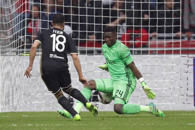 (L-R) Nabil Fekir of Olympique Lyonnais, goalkeeper Andre Onana of Ajaxduring the UEFA Europa League semi final match between Ajax Amsterdam and Olympique Lyonnais at the Amsterdam Arena on May 03, 2017 in Amsterdam, The Netherlands Ajax v Olympique Lyon UEFA Europa League 2016 2017 xVIxxIVx 7717680