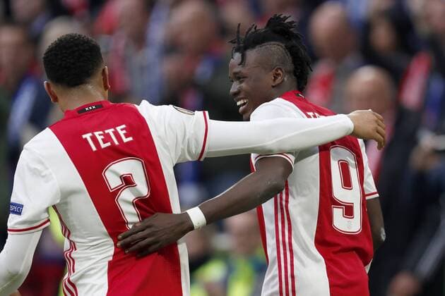 (L-R) Kenny Tete of Ajax, Bertrand Traore of Ajaxduring the UEFA Europa League semi final match between Ajax Amsterdam and Olympique Lyonnais at the Amsterdam Arena on May 03, 2017 in Amsterdam, The Netherlands Ajax v Olympique Lyon UEFA Europa League 2016 2017 xVIxxIVx 7718239