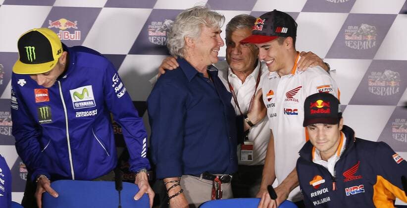 Spanish theerten time winner Angel Nieto (2R) next to Italian Valentino Rossi (L) of Yamaha Movistar; Spanish Mark Marquez (2R) of Repsol Honda and Spanish Dani Pedrosa (R) of Repsol Honda during the press conference PK Pressekonferenz of the teams held at Jerez de la Frontera track during preparations for Spain GP race, southern Spain, 04 May 2017. The race will be held on next 07 May. PREPARATIONS FOR SPAIN GP RACE !ACHTUNG: NUR REDAKTIONELLE NUTZUNG!  Copyright: xJOSExMANUELxVIDALx 20170504-636295215507837065