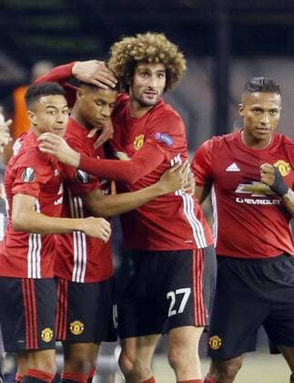 Fußball, EL, Celta Vigo - Manchester United Bilder des Tages - SPORT Manchester United ManU s players jubilate a goal by Marcus Rashford (2L) during the Europa League first leg semifinal match between Celta de Vigo and Manchester United at the Balaidos stadium in Vigo, Pontevedra, Spain, 04 May 2017. CELTA VS. MANCHESTER UNITED !ACHTUNG: NUR REDAKTIONELLE NUTZUNG!  Copyright: xLavandeiraxjrx VIG001 20170504-636295348115975638