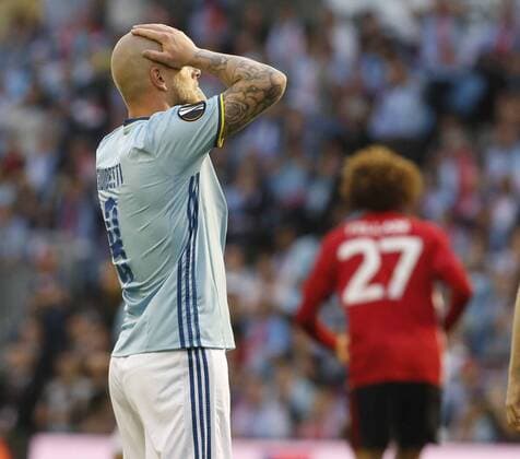 Fußball, EL, Celta Vigo - Manchester United Partido de ida de semifinales de la Europa League entre el Celta y el Manchester United ManU En la imagen, Guidetti First leg match of Europa League semifinals between Celta and Manchester United. In this picture, Guidetti. xJORGExLANDINx 