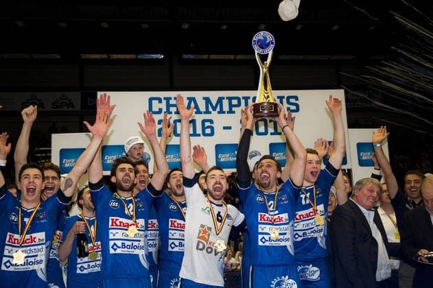 Roeselare s players celebrate after winning after winning the Belgian volleyball competition, Friday 05 May 2017 in Roeselare. Knack Roeselare defeated Noliko Maaseik in the 4th match in a best-of-5 in the Play Offs of the Belgian volleyball competition. JASPERxJACOBS  x05092644x