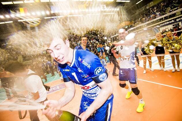 Roeselare s players celebrate after winning after winning the Belgian volleyball competition, Friday 05 May 2017 in Roeselare. Knack Roeselare defeated Noliko Maaseik in the 4th match in a best-of-5 in the Play Offs of the Belgian volleyball competition. JASPERxJACOBS  x05092650x
