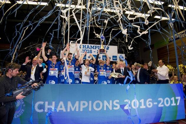 Roeselare s players celebrate after winning after winning the Belgian volleyball competition, Friday 05 May 2017 in Roeselare. Knack Roeselare defeated Noliko Maaseik in the 4th match in a best-of-5 in the Play Offs of the Belgian volleyball competition. JASPERxJACOBS  x05092658x
