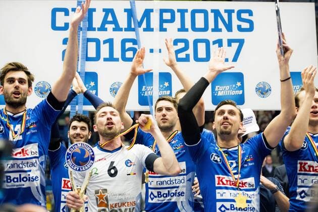Roeselare s players celebrate after winning after winning the Belgian volleyball competition, Friday 05 May 2017 in Roeselare. Knack Roeselare defeated Noliko Maaseik in the 4th match in a best-of-5 in the Play Offs of the Belgian volleyball competition. JASPERxJACOBS  x05092659x