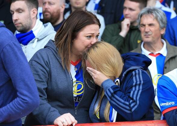 May 7th 2017, Griffin Park, Brentford, Middlesex, England; EFL Championship football Brentford versus Blackburn Rovers; Blackburn Rovers fans in tears as Blackburn Rovers are relegated from EFL Championship to EFL League 1 xJohnxPatrickxFletcherx  ActionPlus11876437