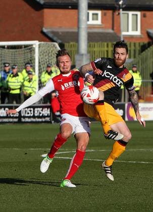 May 7th 2017, Highbury Stadium, Fleetwood, Lancashire, England, EFL League 1 football playoff, second leg, Fleetwood Town versus Bradford City; Romain Vincelot of Bradford City wins the ball from David Ball of Fleetwood Town xDavidxBlunsdenx  ActionPlus11876753