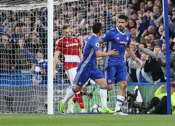 Chelsea s Diego Costa celebrates scoring his sides opening goal during the Premier League match at Stamford Bridge Stadium, London. Picture date: May 8th, 2017. Pic credit should read: David Klein Sportimage EDITORIAL USE ONLY. No use with unauthorised audio, video, data, fixture lists, club league logos or live services. Online in-match use limited to 120 images, no video emulation. No use in betting, games or single club league player publications.