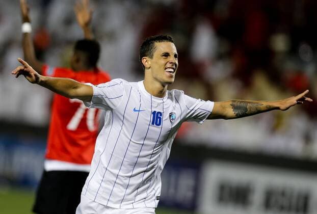 (170509) -- DOHA, May 9, 2017 -- Nicolas Milesi of Al-Hilal celebrates scoring during the AFC Asian Champions League Group D match between Qatar s AL Rayyan and Saudi Arabia s Al Hilal at Jassim Bin Hamad Stadium in Doha, capital of Qatar, May 8, 2017. Al-Hilal won 4-3. ) (SP)QATAR-DOHA-SOCCER-AFC-CHAMPIONS LEAGUE-MD6-GOURP D Nikku 