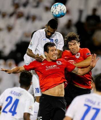 (170509) -- DOHA, May 9, 2017 -- Mohammed Jahfali (Top) of Al-Hilal heads the ball during the AFC Asian Champions League Group D match between Qatar s AL Rayyan and Saudi Arabia s Al Hilal at Jassim Bin Hamad Stadium in Doha, capital of Qatar, May 8, 2017. Al-Hilal won 4-3. ) (SP)QATAR-DOHA-SOCCER-AFC-CHAMPIONS LEAGUE-MD6-GOURP D Nikku 