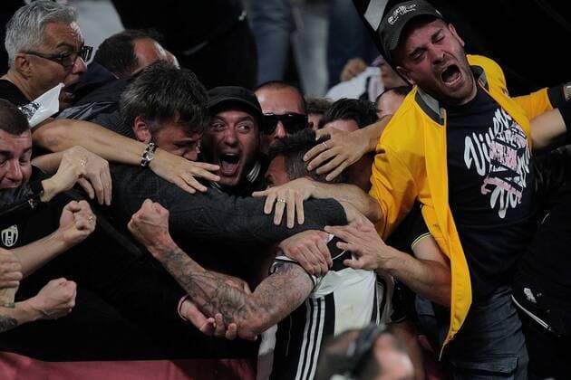 May 9th 2017, Juventus Stadium, Turin, Italy; UEFA Champions League semi-final, Juventus versus AS Monaco 2nd leg; Goal celebration for the opening by Mario Mankovic (juventus)for 1-0 in the crowd xLaurentxLairysx  ActionPlus11877591