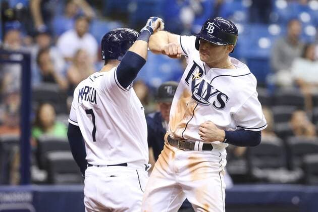 May 9, 2017 - St. Petersburg, Florida, U.S. - WILL VRAGOVIC Times.Tampa Bay Rays second baseman Brad Miller (13) high fives first baseman Logan Morrison (7) after his solo home run in the sixth inning of the game between the Kansas City Royals and the Tampa Bay Rays at Tropicana Field in St. Petersburg, Fla. on Tuesday, May 9, 2017. Florida News - May 9, 2017 - ZUMAs70_ 20170509_zan_s70_057 Copyright: xWillxVragovicx