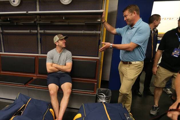 St. Louis Blues goaltender Jake Allen (L) listens as coach and Hockey Hall of Famer Martin Brodeur gives Allen some advice in the locker room at the Scottrade Center in St. Louis on May 9, 2017. The Blues were eliminated from Stanley Cup Playoffs after being defeated by the Nashville Predators, four games to two, in the second round.  SLP2017050907 BILLxGREENBLATT