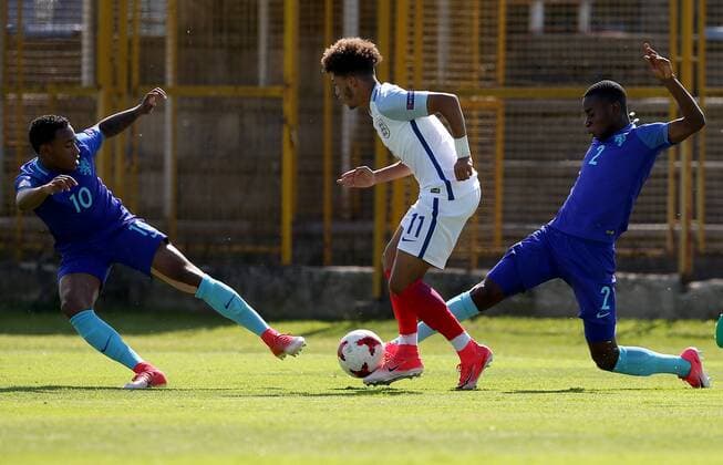 PXL_UEFA European U-17 Championship, group D, England vs. Netherlands 10.05.2017., Zapresic, Croatia - UEFA European U-17 Championship 2017, group D, 3rd round, England vs. Netherlands. Juan Familio-Castillo, Jadon Sancho, Lutsharel Geertruida.  IgorxKralj PIXSELL