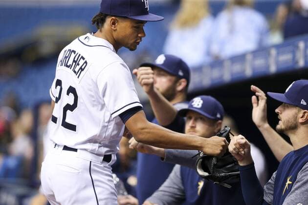 May 10, 2017 - St. Petersburg, Florida, U.S. - WILL VRAGOVIC Times.Tampa Bay Rays starting pitcher Chris Archer (22) welcomed in the dugout after the top of the first inning of the game between the Kansas City Royals and the Tampa Bay Rays at Tropicana Field in St. Petersburg, Fla. on Wednesday, May 10, 2017. Florida News - May 10, 2017 - ZUMAs70_ 20170510_zan_s70_078 Copyright: xWillxVragovicx