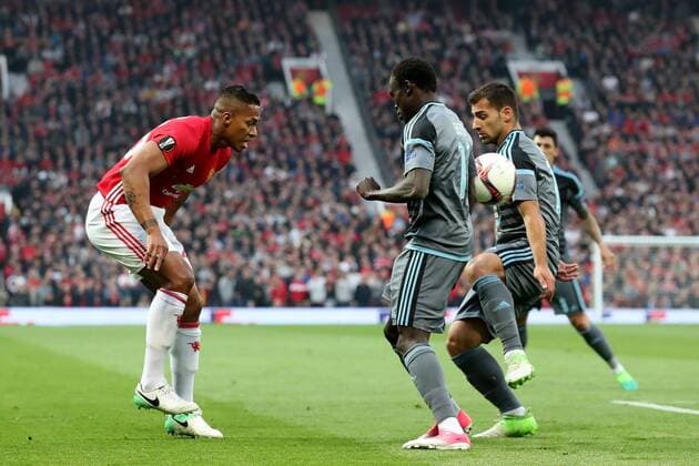 Football - 2016 2017 UEFA Europa League - Semi-Final, Second Leg: Manchester United ManU 1 vs. Celta Vigo 0 Luis Antonio Valencia of Manchester United competes with Pione Sisto and Jonny Otto of Celta De Vigo COLORSPORT LYNNE CAMERON 