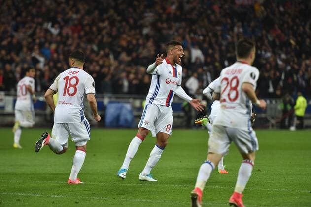Joie de Corentin Tolisso et de sse coequipiers (lyon) FOOTBALL : Lyon vs Ajax - Ligue Europa - 1 2e de finale - 11 05 2017 FredericChambert Panoramic 