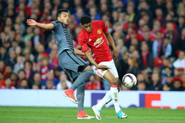 Football - 2016 2017 UEFA Europa League - Semi-Final, Second Leg: Manchester United ManU 1 vs. Celta Vigo 0 Marcus Rashford of Manchester United is tackled by Gustavo Cabral of Celta De Vigo COLORSPORT LYNNE CAMERON 