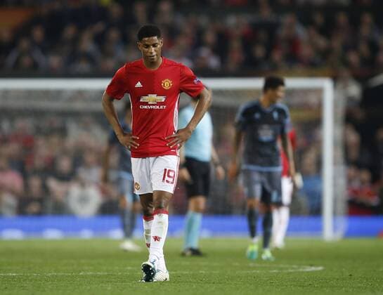 A frustrating night for Marcus Rashford of Manchester United ManU during the Europa League Semi Final 2nd Leg match at Old Trafford Stadium, Manchester. Picture date: May 11th 2017. Pic credit should read: Simon Bellis Sportimage EDITORIAL USE ONLY. No use with unauthorised audio, video, data, fixture lists, club league logos or live services. Online in-match use limited to 120 images, no video emulation. No use in betting, games or single club league player publications.