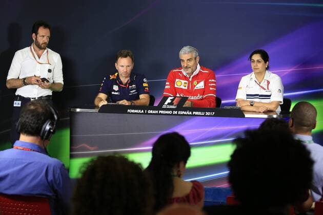 May 12th 2017, Circuit de Barcelona, Catalunya, Spain; Spanish Formula One Grand Prix; Friday Practice; Maurizio Arrivabene & x2013; Managing Director and Team Principal of Scuderia Ferrari, Christian Horner - Team Principal of Red Bull Racing and Monisha Kaltenborn & x2013; Team Principal of Sauber Motorsport xLeannexBoonx  ActionPlus11878401