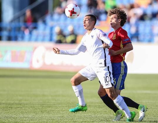 UEFA European Championship EM Europameisterschaft U-17, quarter-final, France vs. Spain 12.05.2017., Varazdin, Croatia - UEFA European Championship Under-17, quarter-final, France vs. Spain. Maxence Caqueret, Jandro Orellana.  IgorxSoban PIXSELL