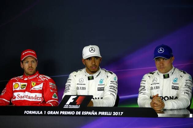 Spanish Grand Prix, Barcelona 11 - 14 May 2017 Qualifying top three in the FIA press conference PK Pressekonferenz (L to R): Sebastian Vettel (GER) Ferrari, second; Lewis Hamilton (GBR) Mercedes AMG F1, pole position; Valtteri Bottas (FIN) Mercedes AMG F1, third. 13.05.2017. 