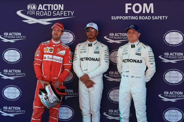 May 13th 2017, Circuit de Barcelona, Catalunya, Spain; Spanish Formula One Grand Prix, qualifying sessions; Lewis Hamilton - Mercedes AMG Petronas F1 W08 EQ Energy+ takes pole followed by Sebastian Vettel - Scuderia Ferrari SF70H and Valtteri Bottas xLeannexBoonx  ActionPlus11878854