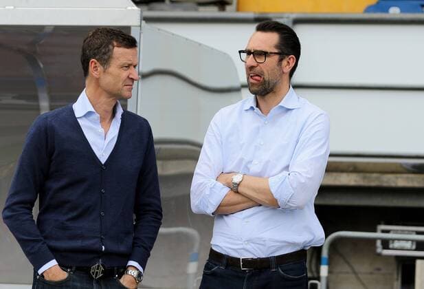 13.05.2017 Darmstadt, Jonathan-Heimes-Stadion am Boellenfalltor. Fussball Fußball GER 1.BL 1. BL 2016 2017 SV Darmstadt 98 (Lilien) gegen Hertha BSC Geschäftsführer Thomas E. Herrich und Geschäftsführer Michael Preetz (Hertha BSC)