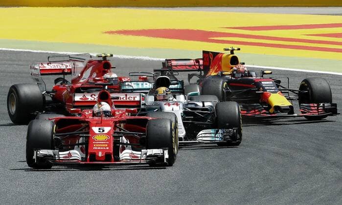 German Formula One driver Sebastian Vettel (L), of Ferrari, British Lewis Hamilton (C), of Mercedes, and Dutch Max Verstappen, of Red Bull, during the 2017 Grand Prix of Spain at Barcelona-Catalonia racetrack in Montmelo, Catalonia, northeastern Spain, 14 May 2017. GRAND PRIX OF SPAIN !ACHTUNG: NUR REDAKTIONELLE NUTZUNG!  Copyright: xAndreuxDalmaux GRA205 20170514-636303697314293116