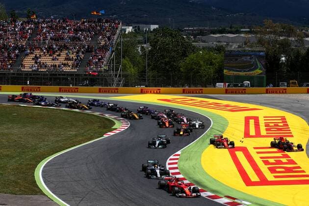 Spanish Grand Prix, Barcelona 11 - 14 May 2017 Sebastian Vettel (GER) Ferrari SF70H leads at the start of the race as Kimi Raikkonen (FIN) Ferrari SF70H and Max Verstappen (NLD) Red Bull Racing RB13 run wide. 14.05.2017. 