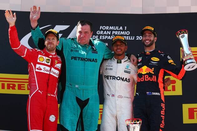 Spanish Grand Prix, Barcelona 11 - 14 May 2017 1st place Lewis Hamilton (GBR) Mercedes AMG F1 W08, 2nd place Sebastian Vettel (GER) Ferrari SF70H and 3rd place Daniel Ricciardo (AUS) Red Bull Racing RB13. 14.05.2017. 