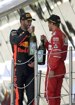 German Formula One driver Sebastian Vettel, of Ferrerari, and Australian Daniel Ricciardo, of Red Bull, celebrate after ending second and third respectively in the 2017 Grand Prix of Spain at Barcelona-Catalonia racetrack in Montmelo, Catalonia, northeastern Spain, 14 May 2017. GRAND PRIX OF SPAIN !ACHTUNG: NUR REDAKTIONELLE NUTZUNG!  Copyright: xAlbertoxEstevezx GRA205 20170514-636303763709821203