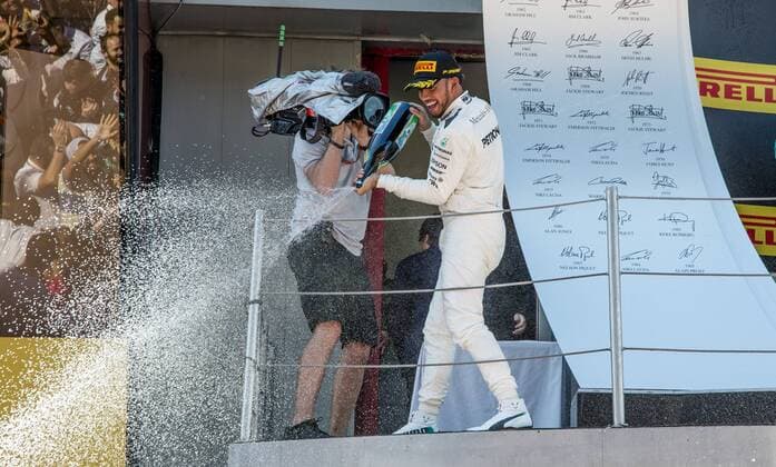 May 14th 2017, Circuit de Barcelona, Catalunya, Spain; Spanish Formula One Grand Prix; Sunday Race Day; Lewis Hamilton of the Mercedes AMG F1 Team celebrates his victory on the podium xPabloxGuillenx  ActionPlus11879738