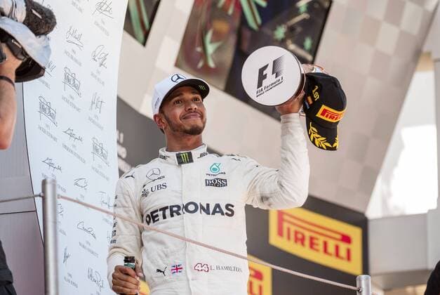 May 14th 2017, Circuit de Barcelona, Catalunya, Spain; Spanish Formula One Grand Prix; Sunday Race Day; Lewis Hamilton of the Mercedes AMG F1 Team celebrates his victory on the podium xPabloxGuillenx  ActionPlus11879739
