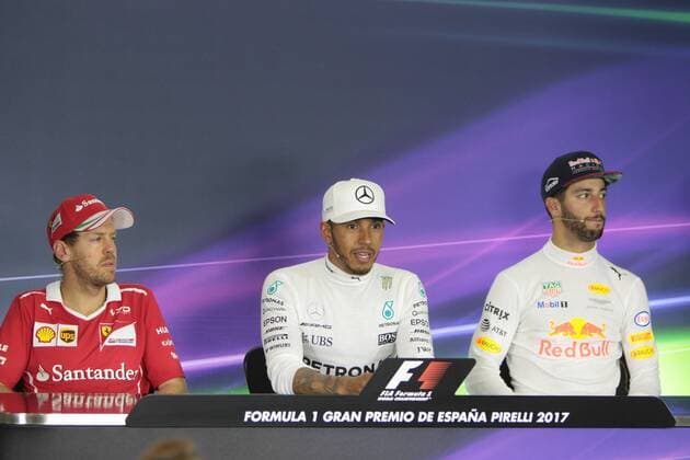 Spanish Grand Prix, Barcelona 11 - 14 May 2017 The post race FIA press conference PK Pressekonferenz (L to R): Sebastian Vettel (GER) Ferrari, second; Lewis Hamilton (GBR) Mercedes AMG F1, race winner; Daniel Ricciardo (AUS) Red Bull Racing, third. 14.05.2017. 