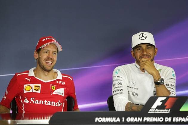 Spanish Grand Prix, Barcelona 11 - 14 May 2017 (L to R): Sebastian Vettel (GER) Ferrari and Lewis Hamilton (GBR) Mercedes AMG F1 in the FIA press conference PK Pressekonferenz 14.05.2017. 
