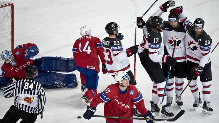 Brayden Schenn of Canada (second from right), his teammates from left: Jeff Skinner, Wayne Simmonds and Claude Giroux of Canada. Fro left: goalkeeper of Norway Henrik Haukeland and Dennis Sveum and Alexander Bonsaksen of Norway in action during the Ice hockey Eishockey World Championships group B match between Canada and Norway in the AccorHotels Arena in Paris, France, Monday, May 15, 2017. (CTKxPhoto MichalxKamaryt) CTKPhotoP201705150782501  kmt 4