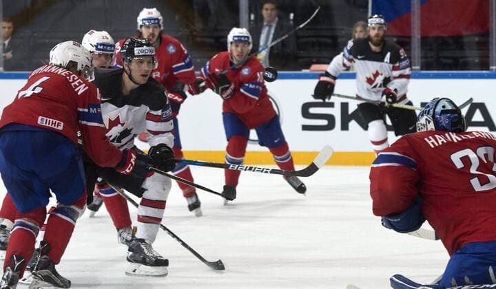 From left: Johannes Johannesen and Anders Bastiansen, both of Norway, Brayden Schenn of Canada and goalkeeper of Norway Henrik Haukeland (right) in action during the Ice hockey Eishockey World Championships group B match between Canada and Norway in the AccorHotels Arena in Paris, France, Monday, May 15, 2017. (CTKxPhoto MichalxKamaryt) CTKPhotoP201705150900301  kmt 15 K