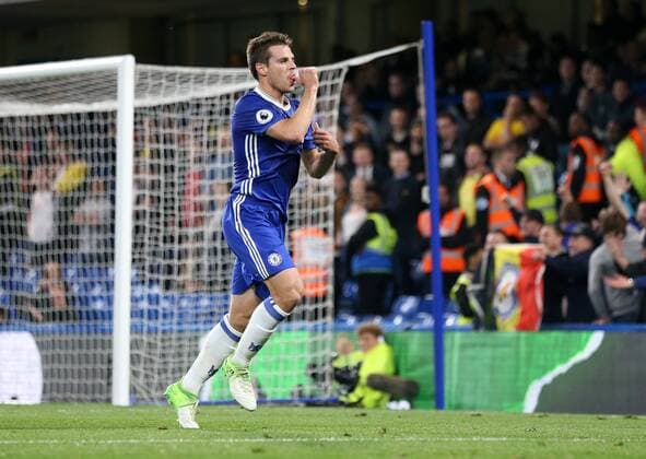 Chelsea s Cesar Azpilicueta celebrates scoring his sides second goal during the Premier League match at Stamford Bridge Stadium, London. Picture date: May 15th, 2017. Pic credit should read: David Klein Sportimage EDITORIAL USE ONLY. No use with unauthorised audio, video, data, fixture lists, club league logos or live services. Online in-match use limited to 120 images, no video emulation. No use in betting, games or single club league player publications.