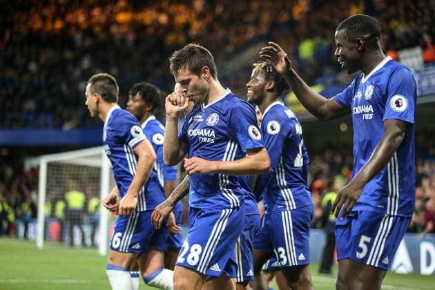 Chelsea s Cesar Azpilicueta celebrates scoring his sides second goal during the Premier League match at Stamford Bridge Stadium, London. Picture date: May 15th, 2017. Pic credit should read: David Klein Sportimage EDITORIAL USE ONLY. No use with unauthorised audio, video, data, fixture lists, club league logos or live services. Online in-match use limited to 120 images, no video emulation. No use in betting, games or single club league player publications.