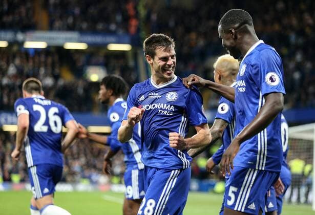 Chelsea s Cesar Azpilicueta celebrates scoring his sides second goal during the Premier League match at Stamford Bridge Stadium, London. Picture date: May 15th, 2017. Pic credit should read: David Klein Sportimage EDITORIAL USE ONLY. No use with unauthorised audio, video, data, fixture lists, club league logos or live services. Online in-match use limited to 120 images, no video emulation. No use in betting, games or single club league player publications.