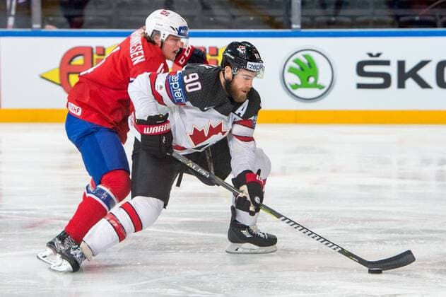 PARIS, FRANCE - MAY 15: 90 Ryan OÕReilly (CAN) vies with 4 Johannes Johannesen (NOR) during the Ice hockey Eishockey World Championship WM Weltmeisterschaft between Canada and Norway at AccorHotels Arena in Paris, France, on May 15, 2017. (Photo by Robert Hradil Icon Sportswire) HOCKEY: MAY 15 IIHF World Championship - Canada v Norway Icon1705150717 EDITORIAL USE ONLY