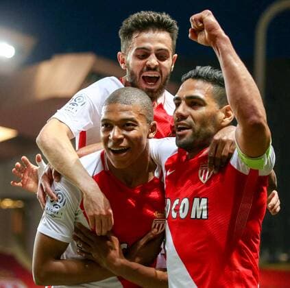 (170518) -- FONTVIEILLE, May 18, 2017 -- Kylian Mbappe (L) of AS Monaco celebrates scoring with teammates Radamel Falcao (R) and Bernardo Silva during their match against St-Etienne of French Ligue 1 in Fontvieille, Monaco on May 17, 2017. AS Monaco won 2-0 and claimed the championship of the season in advance. ) (SP)FRANCE-MONACO-FONTVIEILLE-SOCCER-LIGUE 1-AS MONACO VS ST ETIENNE SergexHaouzi 