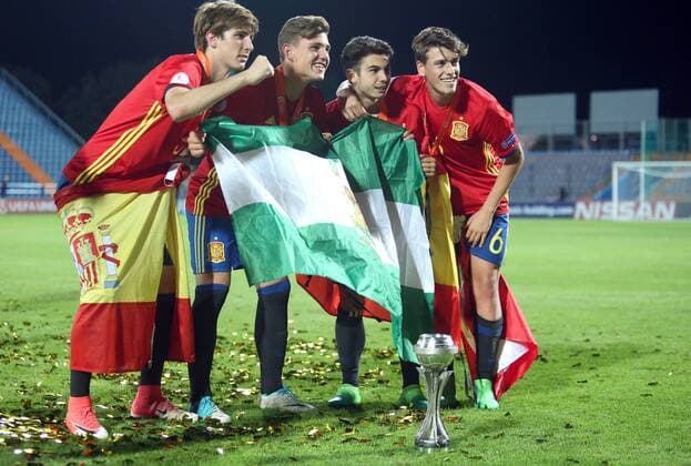 U-17 Finals ENG-SPA - Varazdin, Croatia 19.05.2017., Varazdin, Croatia - UEFA U-17 European Championship EM Europameisterschaft finals, England vs Spain.The celebration of the player and winner Spain after the European Championship won after the execution of the penalty shoot-out. Antonio Blanco.  SanjinxStrukic PIXSELL