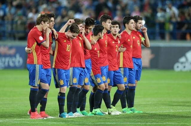 U-17 Finals ENG-SPA - Varazdin, Croatia 19.05.2017., Varazdin, Croatia - UEFA U-17 European Championship EM Europameisterschaft finals, England vs Spain.The celebration of the player and winner Spain after the European Championship won after the execution of the penalty shoot-out. Sergio Gomez, Nacho Diaz, Jose Alonso, Carlos Beitia, Hugo Guillamon.  SanjinxStrukic PIXSELL