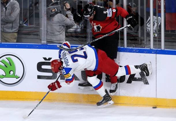 COLOGNE, GERMANY - MAY 20, 2017: Russia s Ivan Provorov (L), and Canada s Jason Demers in their 2017 IIHF Ice hockey Eishockey World Championship WM Weltmeisterschaft semifinal match at Lanxess Arena. Anton Novoderezhkin TASS  TS04F6DC